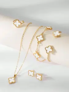 Women's Four-Leaf Clover Jewelry Set, Alloy Lucky Grass Flower Necklace Earrings Bracelet, Matching Jewelry Set, Perfect Gift for Women & Girls, Elegant Jewelry Set, Fashionable Jewelry Set