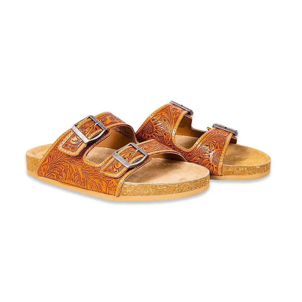 Women's Sunflower Western Hand-Tooled Leather Sandals
