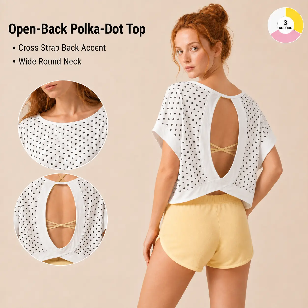 Women's Simple Polka Dot Polyester Workout Crop Top - Loose-Fit Dolman Short-Sleeve Lightweight Everyday Athletic Garment for Yoga, Gym