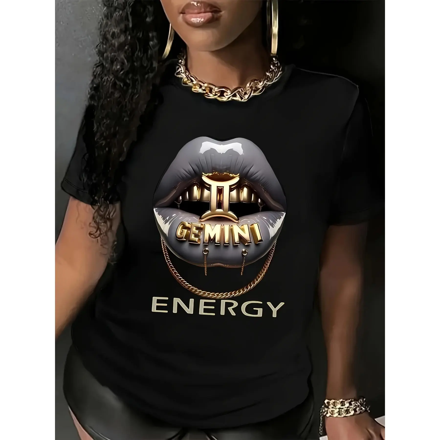 Women's Black Round Neck Short Sleeve T-Shirt - Lady's Zodiac Lip Graphic Top with Gemini Energy Print, for Astrological Enthusiasts, Casual Summer Fashion Basics