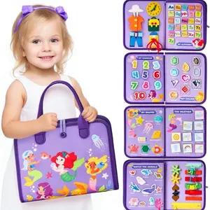 Montessori Busy Board for Toddlers, Mermaid-Themed Multi-Functional Activity Book with Alphabet, Numbers, Shapes, Life Skills Learning, Portable Travel Toy for Preschool Kids, Educational Sensory Toy Gift