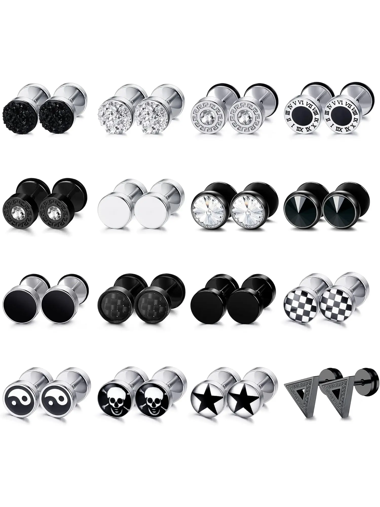 Cool 16 Pairs Black Silvery Hypoallergenic Trendy Earrings Surgical Steel Stud Earrings for Men Women for Sensitive Ear Round Gothic Earrings