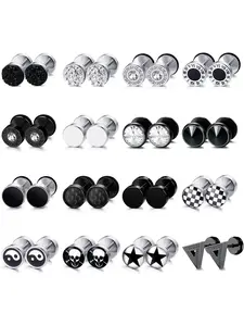 Cool 16 Pairs Black Silvery Hypoallergenic Trendy Earrings Surgical Steel Flat Back Stud Earrings Set for Men Women for Sensitive Ear Round Gothic Earrings