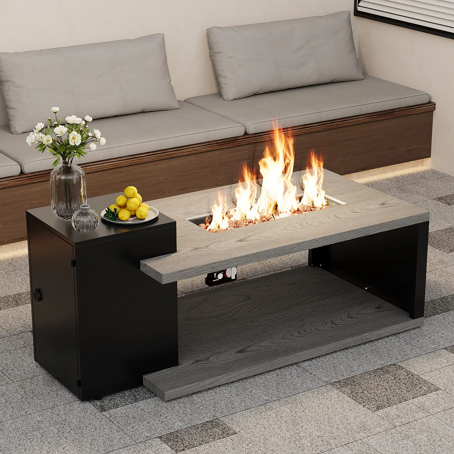 FUFU&GAGA 53.1 Inch Outdoor Propane Fire Pit Table, 50000 BTU CSA Certified Gas Fire Table with Auto Flame‑Out Protection, Tank Storage Cabinet, Wood‑Grain Zinc‑Aluminum Alloy Tabletop for Patio Backyard