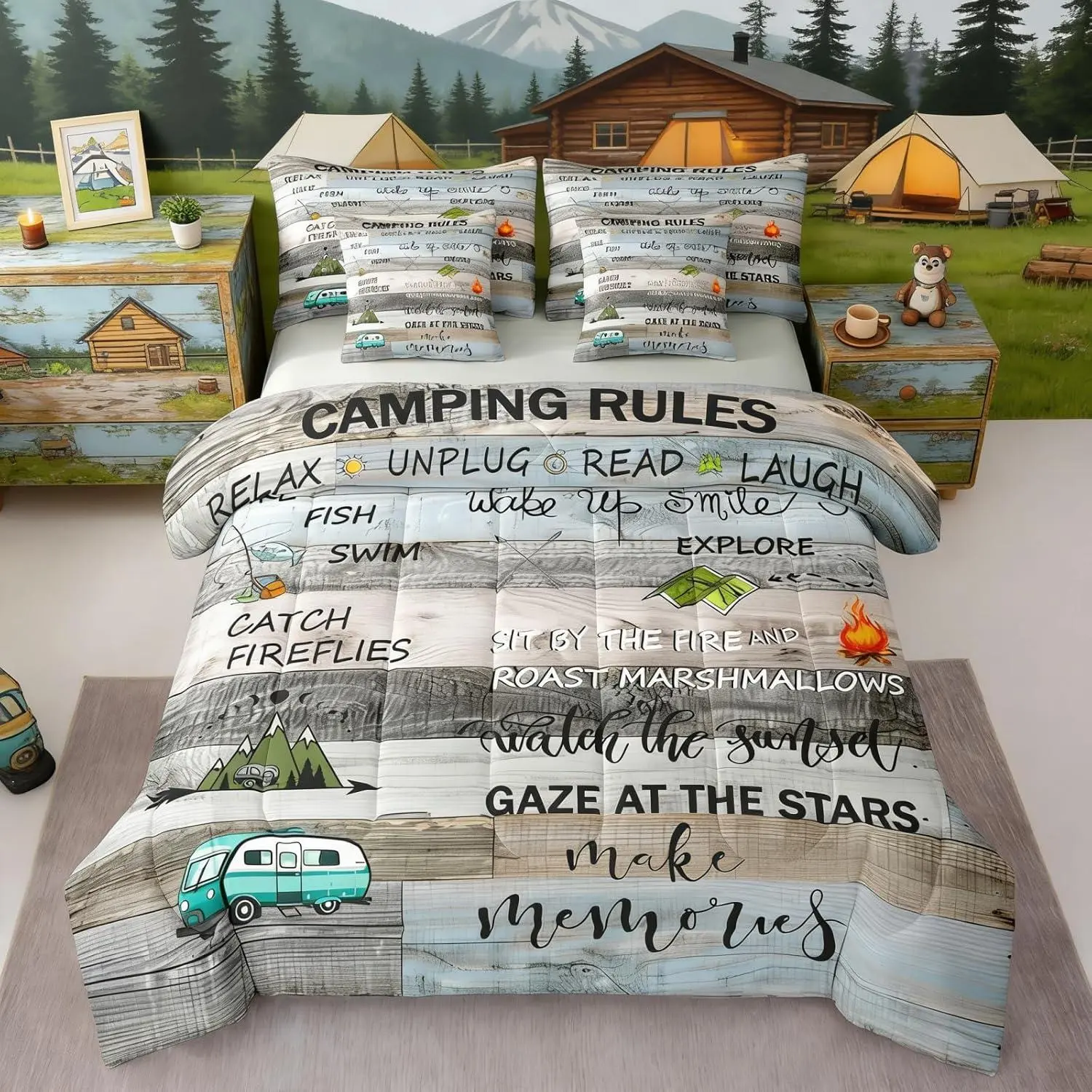 Camping Rules 7-Piece Comforter Set Bed in a Bag Camper Bedding Sets Rustic Cabin Masculine Cottage Comforter and Sheet Set,Camp Travel Car Farmhouse Bed Sets,Happy Glamping Trailer Camper Decor