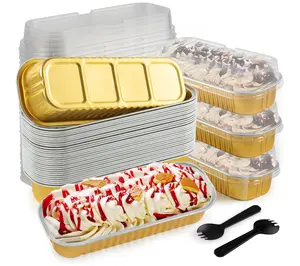 60Pcs Mini Loaf Pans with Lids and Spoons, Aluminum Foil Baking Pans, Rectangle Mini Cake Pan, Brownie Baking Cups for Picnics Party (Gold)