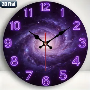 2D flat design. 1 piece set. Dreamy Purple Starry Sky Neon Wall Clock, Silent Decorative Wall Clock, Creative Wall Clock, Suitable for Bedroom, Living Room, Office Decoration, 25/30cm (Excluding AA Battery), 2D Flat Version