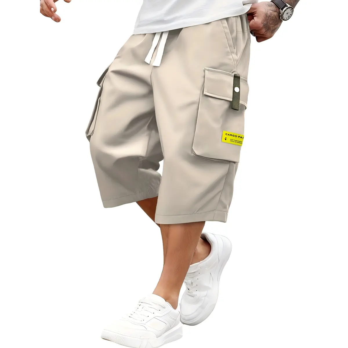 Menswear Men’s Colorblock Cargo Shorts - Loose-Fit, Drawstring Waistband, Large Pockets, Letter Patches, Solid Color, Suitable for Everyday Wear & Outdoor Activities, Men's Shorts