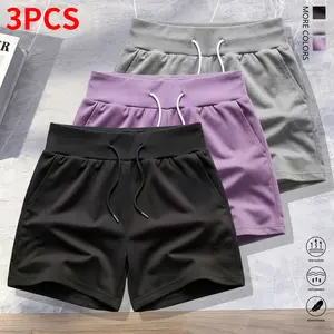 3-piece set of women’s fashion athletic shorts featuring a waist-cinching design with drawstring, suitable for sports like tennis training, with pockets.
