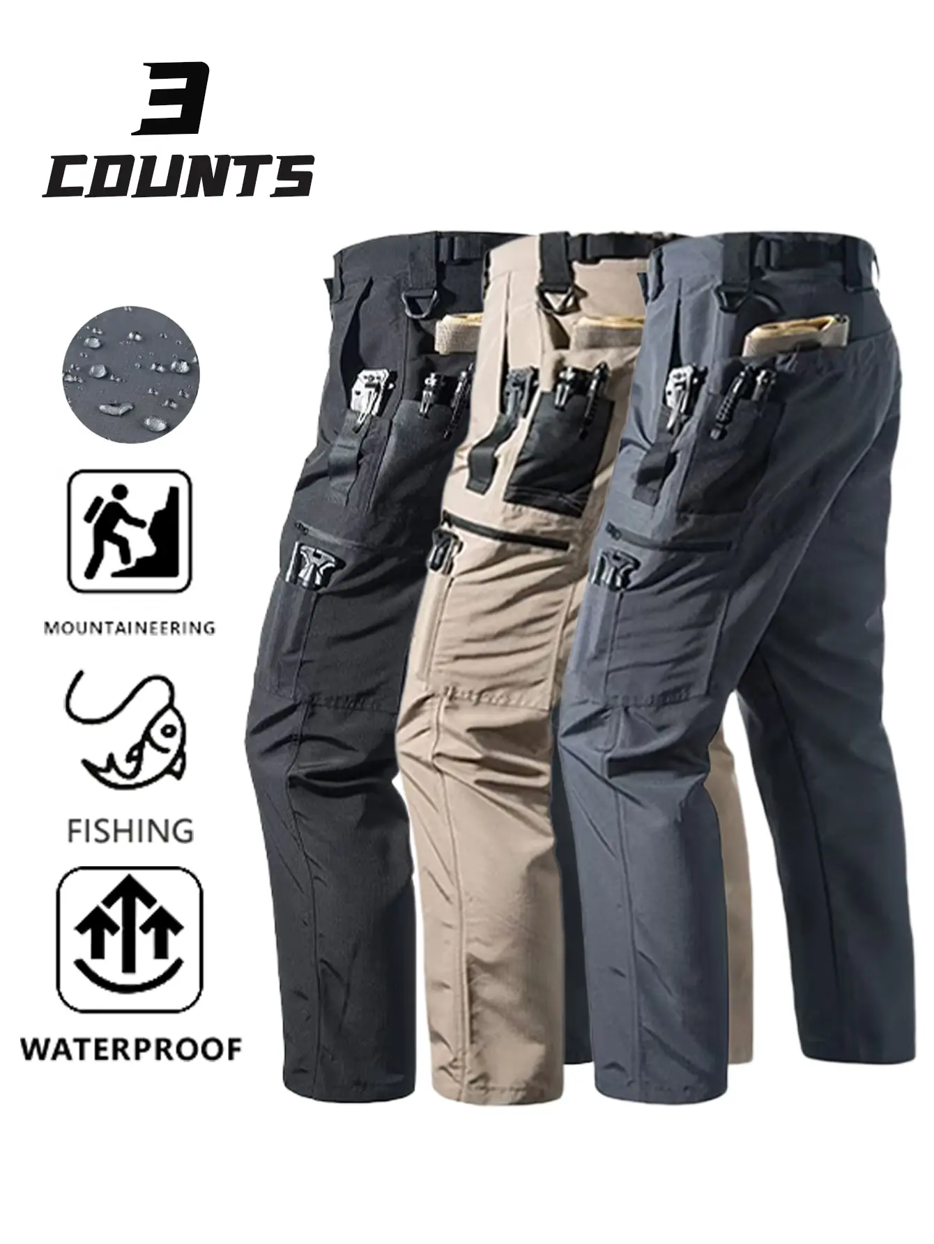 Men’s Three-Pack Tactical Cargo Pants - Sturdy, wrinkle-resistant long pants with multiple pockets, suitable for hiking and fishing, tactical training, daily commuting, and outdoor work