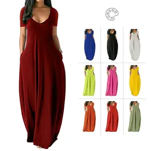 Women's Casual V Neck Maxi Dress Short Sleeve Loose Fit Long Dresses Summer Sundress with Pockets Plus Size S-5XL