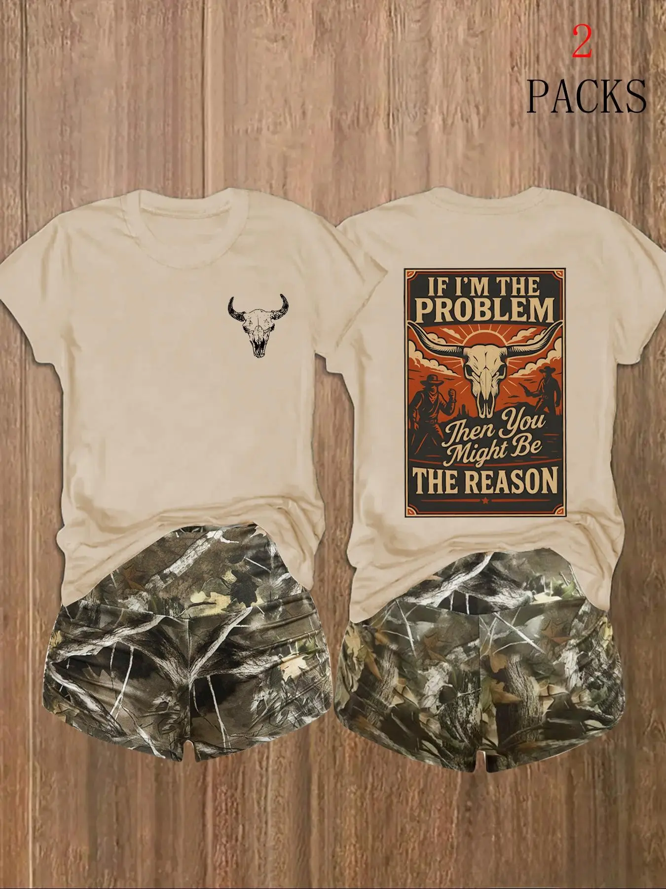 Y2K Western Sweet Cool Aesthetic Back-To-School Set, 'if I'm the Problem' T-Shirt + Camo Shorts, Loose Fit, Casual Style, Vintage Bull Skull Print
