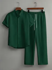 Men's Summer Casual Short Sleeve Button-Up Shirt & Drawstring Pocket Pants Set, Outfit, Medium Size, Fitted Woven Fabric, All Seasons Wear