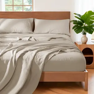 Shilucheng Linen Cotton  4 Piece Bed Sheet Set Rustic Farmhouse Style Soft Cotton Comfort Breathable Linen Texture Cooling for Hot Sleepers