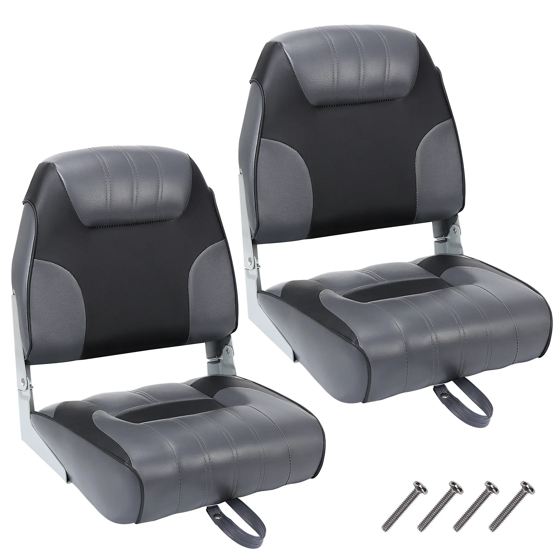 2-piece set of low back folding marine seats - Thick padded waterproof captain's chair - Durable PVC leather and stainless steel hardware - Ergonomic support - Perfect for fishing, speedboats, canoes, bass, and fishing boats