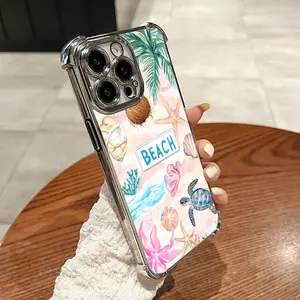Compatible with iPhone 16/15/14/13/12 Pro Max Phone Case Electroplating luxury transparent four corner anti drop and shockproof phone case seashells and starfish  phone case HN617-5
