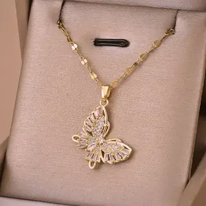 Women’s Stainless Steel Butterfly Pendant Necklace with Zirconia – Elegant Jewelry Gift