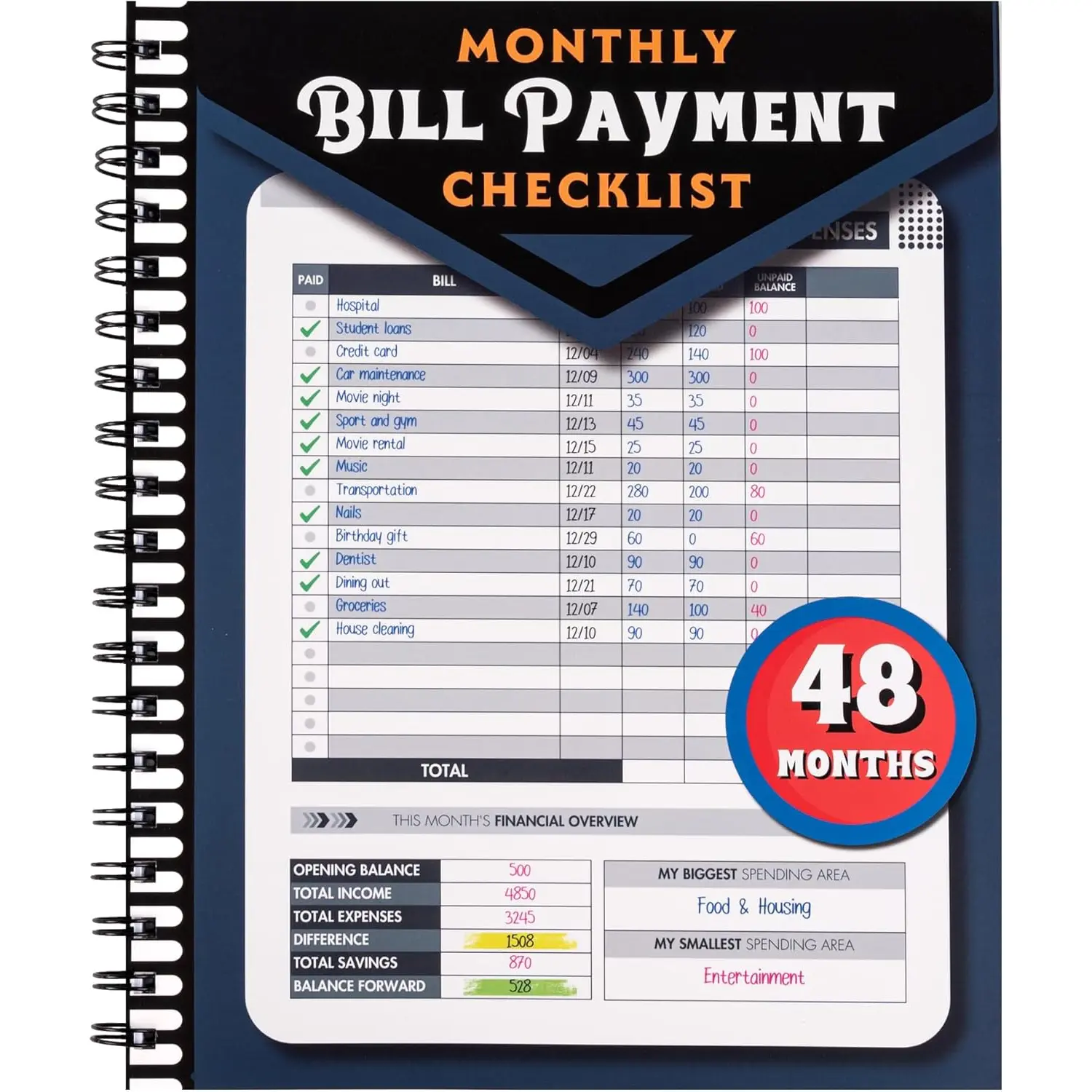 Monthly Bill Payment Checklist Spiral-Bound Notebook, 8"x10" 4-Year Guide for Families, Accounting Supplies for Budgeting, Debt Payoff Planning, Account Management & Achieving Savings Goals (960 Records, Blue)