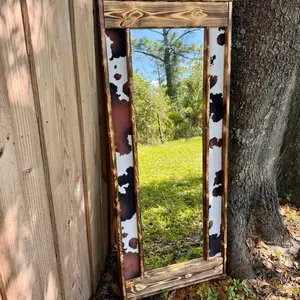 Standard Size Cow Print Mirror Full Length Mirror with Rustic Frame for Home Decor