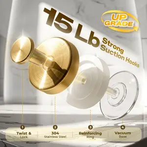 Stainless Steel Suction Cup Hooks – 2 Pack Gold Heavy Duty Removable Towel Hooks for Shower, Bathroom Glass Door & Wall