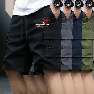 Men's 4-Pack Mid-Waist Drawstring Tooling Shorts, Polyester Fabric Solid Streetwear Logo Sports Shorts with Zip & Multiple Pockets, Quick-Drying for Hiking & Everyday Leisure, Logo Shorts
