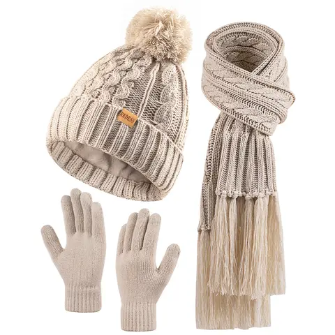 REDESS Women's Fashion 3pc Knit Hat Scarf Set - Fleece-Lined Beanie with Pom-Poms, Long Scarf Wrap, Touchscreen-Safe Gloves for Sports, Outdoor Activities, Party