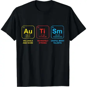 Unisex Short-Sleeve Knit Cotton Round Neck T-Shirt - Autism Awareness Periodic Table ASD Elements Graphic, Cotton Fabric Athletic Top for Adult Casual Sports Wear, Shortsleeve