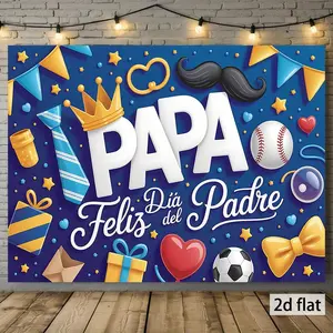 2D Flat Banner HD Digitally Printed Polyester Photography Backdrop, Feliz Dia del Padre Father's Day Theme Background Cloth with Crown Mustache Tie Baseball Soccer Ball Gifts for Party Decorations, Photo Booth Props, Studio Shoots