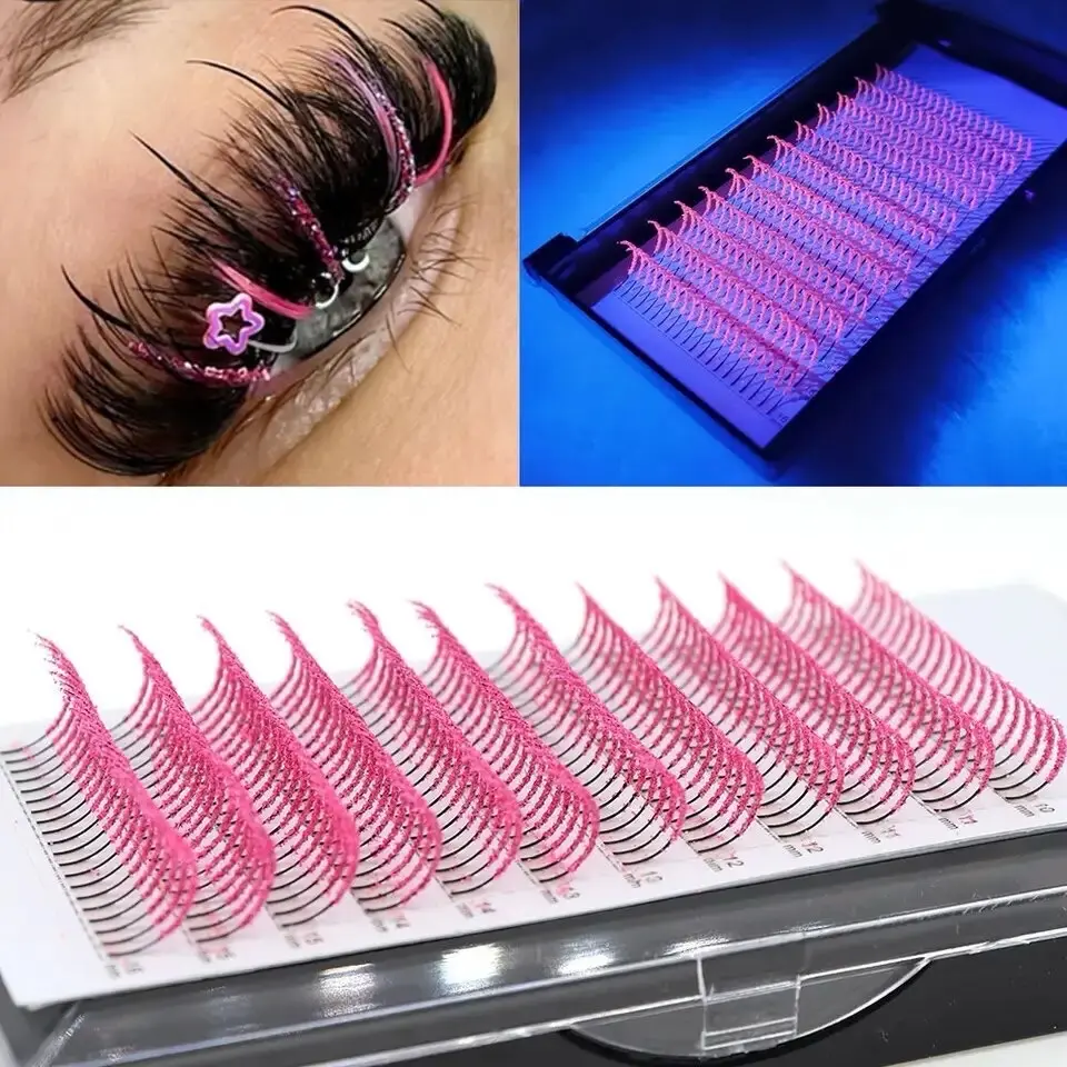 New Fluorescent Pink Luminous Glitter Fluffy Fairy Individual Eyelash Extensions D Curl, 10-16mm Mixed Sizes With Synthetic Mink, Shiny Rhinestone Colored Eyelash Extensions