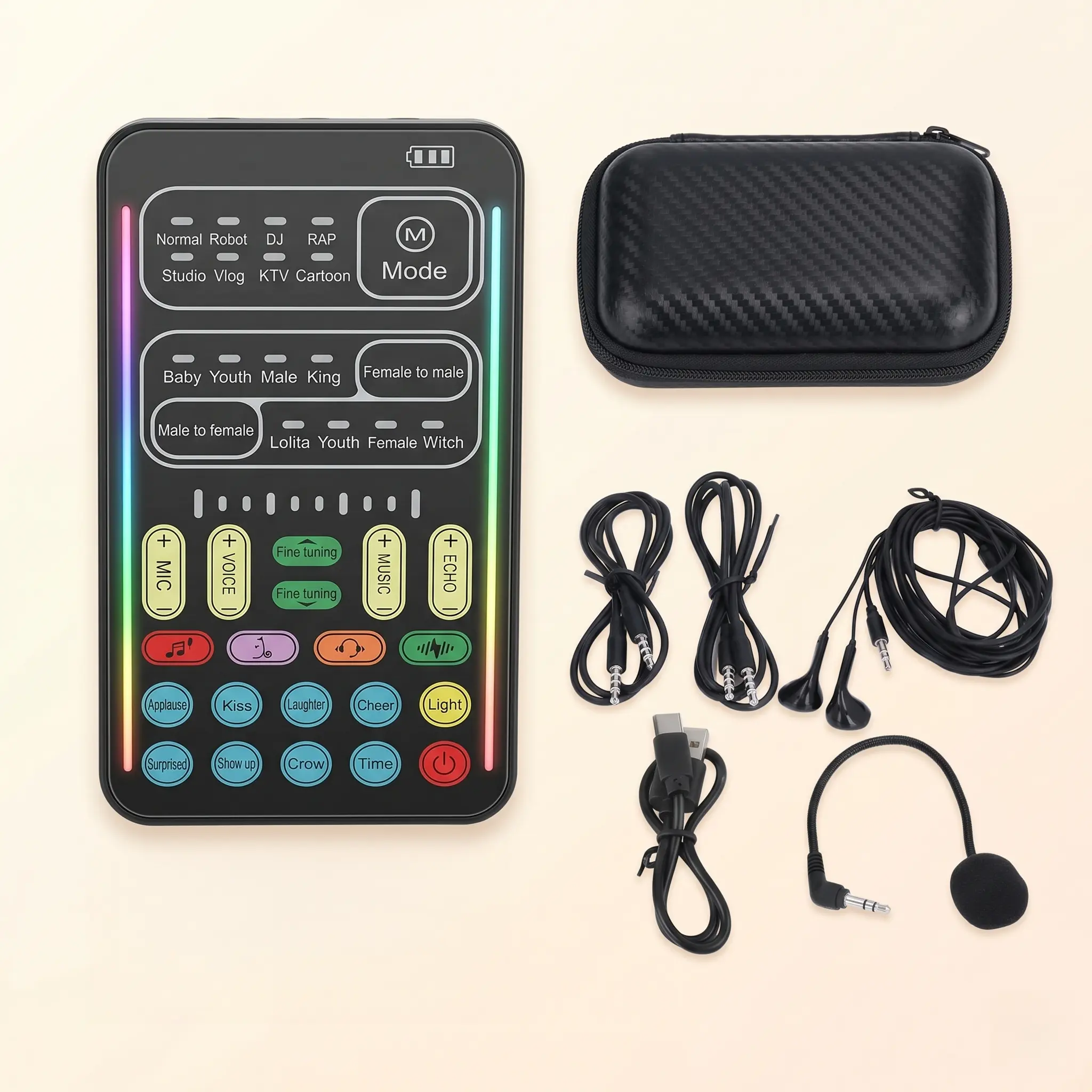 Compact Portable Plug-in Voice Changer Sound Card Mixer - 16 Modes, 80 Effects Mini Mixer for Smartphone Live Streaming, Gaming, Discord with Real-Time Voice Monitoring