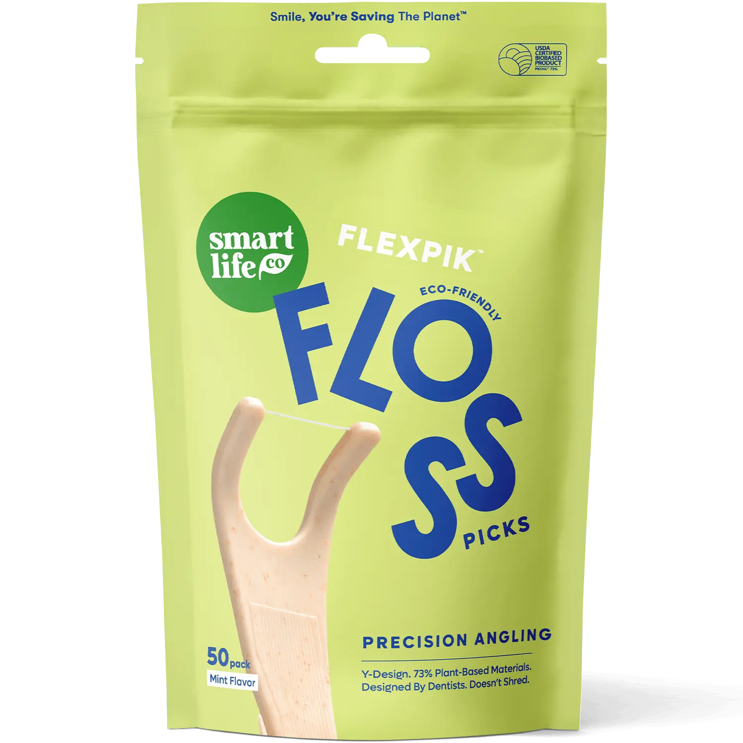 Eco-Friendly Floss Picks – Angled-Design, Anti-Shred Dental Flossers For Adults & Kids, Sustainable, Toothpick End, Vegan & PFA Free, Mint 50pk