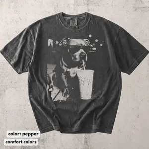 Funny Black White Pitbull Drinking Iced Coffee Comfort Colors T-shirt, Vintage 90s Edgy Dog Meme Tee, Unisex Fit Design, Casual Streetwear, Gift for Dog Lovers