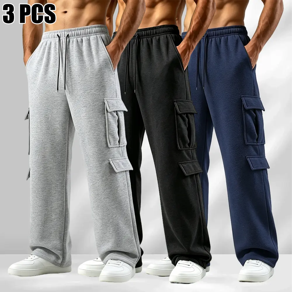 Men’s multi-pocket cargo casual jogger pants for autumn/winter, featuring a drawstring elastic waistband, straight cut with stretch fabric and a relaxed fit; retro drape, streetwear style, versatile men’s sweatpants.
