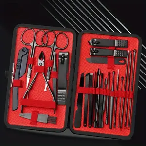 Professional Nail Clippers Kit - Beauty Tool Portable Set, 24-Piece Grooming Kit for Men, Lightweight & Sturdy, Red & Black Design - Stainless Cutics Gift Manicure