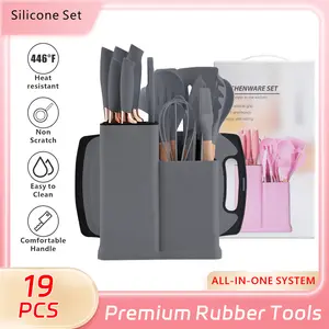 SpringBreak Kitchen Knife Set with Heat-Resistant Silicone Cutlery & Wooden Handles - Includes Chef Knife, Easy to Clean - Ideal Gift for Women on New Year, Valentine's Day and More Cookware Pink Utensils Cooking pots pans set Modern Home Grey Nonstick