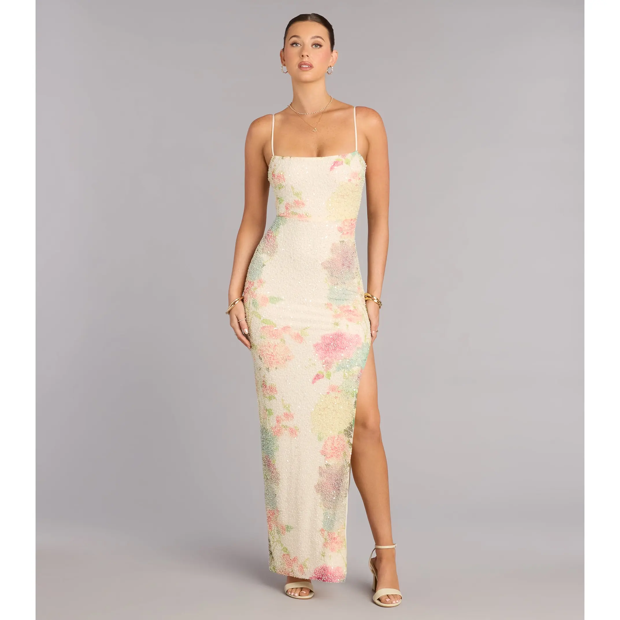 Linda Floral Beaded Column Formal Dress