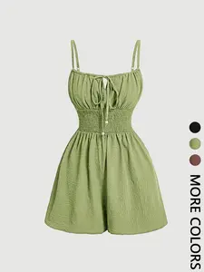 1 Women's Flowy Sleeveless Fitted Solid Romper | Tie Front Smocked Waist Jumpsuit | Cottagecore Casual Going Out Wear | Boho Coastal Vacation Brunch Wear