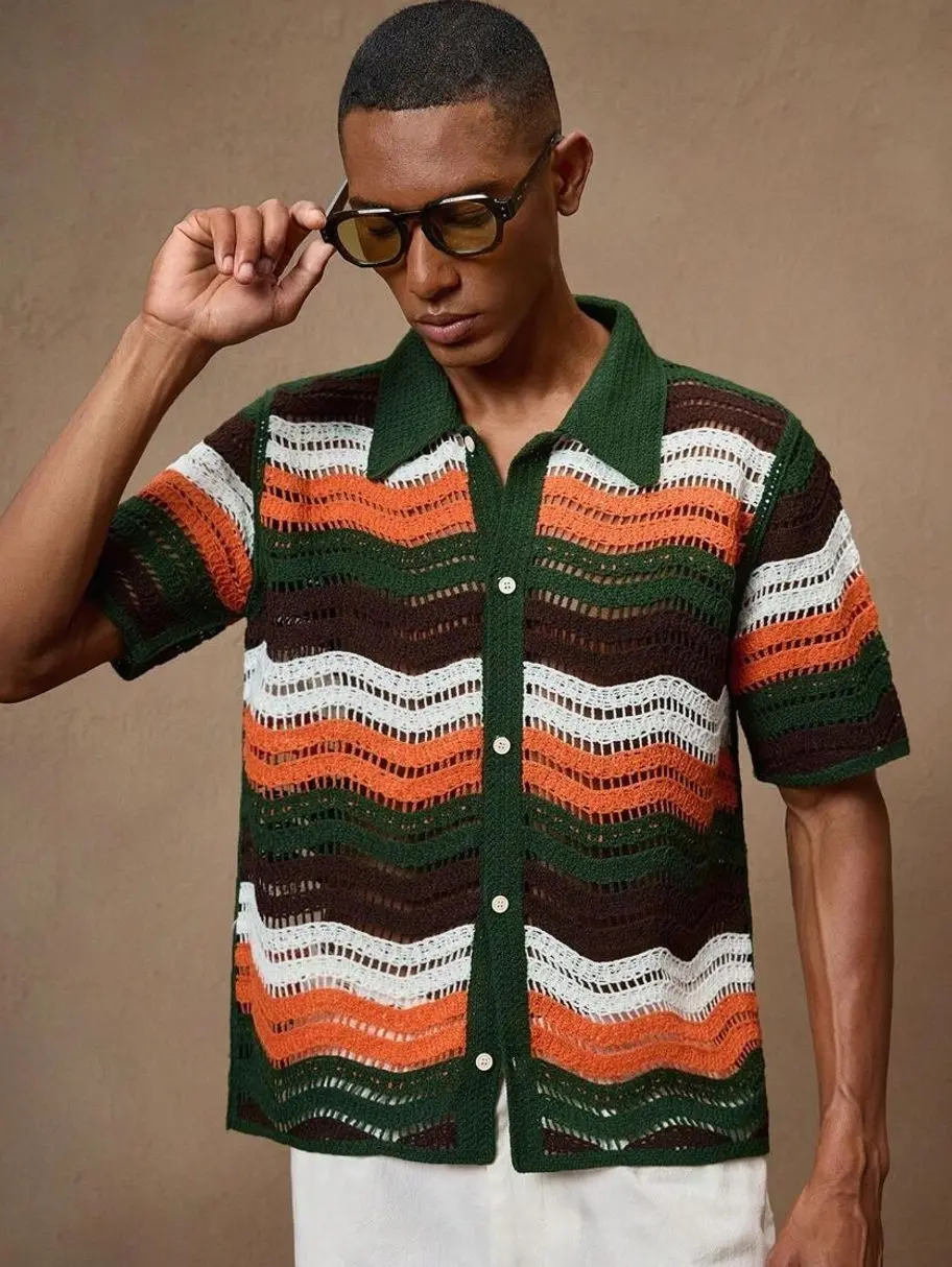 Sweater - Men's Vintage Knit Polo Cardigan, Short Sleeve Button Down Retro Sweater Shirt for Casual Summer Beach Wear sweaters trending clothes male clothing summer clothes summer men clothes vacation outfits summer outfits streetwear