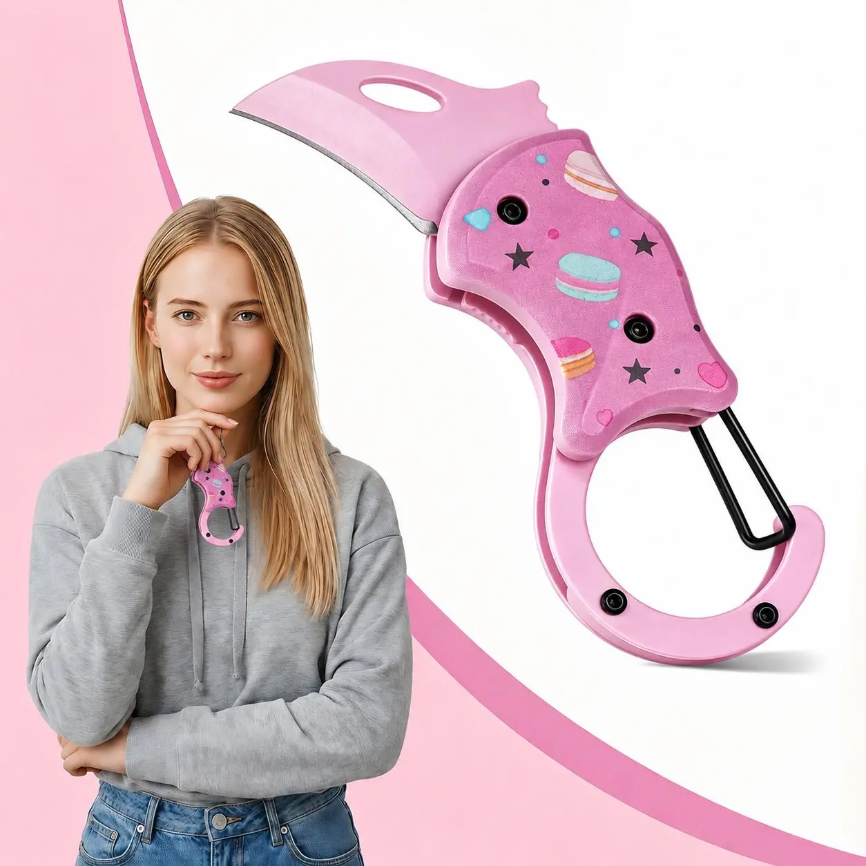 Portable Macaron Print Foldable Blade Carabiner Keychain Utility Knife - Ergonomic Compact Size, Built-in Carabiner Hook Design, 3 Fresh Color Options, Office & Courier Work Kitchen & Package Opening Tool