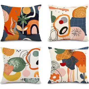 Set of 4 Abstract Mid Century Modern Throw Pillow Covers(Excluding pillow insert), 18x18'' Colorful Boho Orange Aesthetic Floral Geometric Pillow Covers for Couch Outdoor Decor
