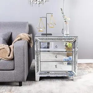 VINGLI Mirrored Nightstand Glass End Table, 23" W Silver Night Stand for Bedroom, Mirrored Bedside Table with Storage, Glass Mirror Nightstand