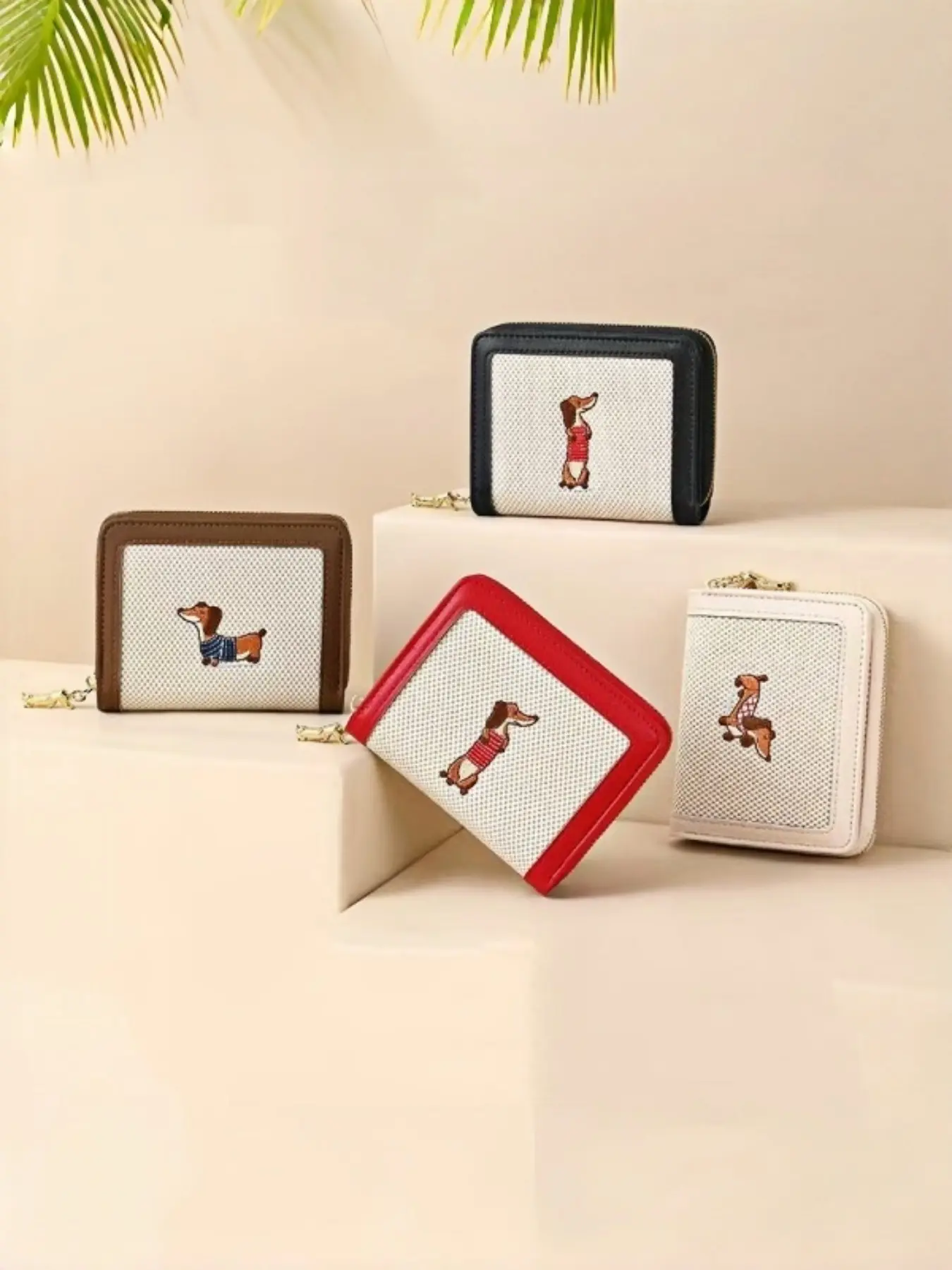 Style Sausage Dog Embroidered Coin Purse, Patchwork Canvas Zipper Short Wallet, Multi-Card Slot Portable Card Holder