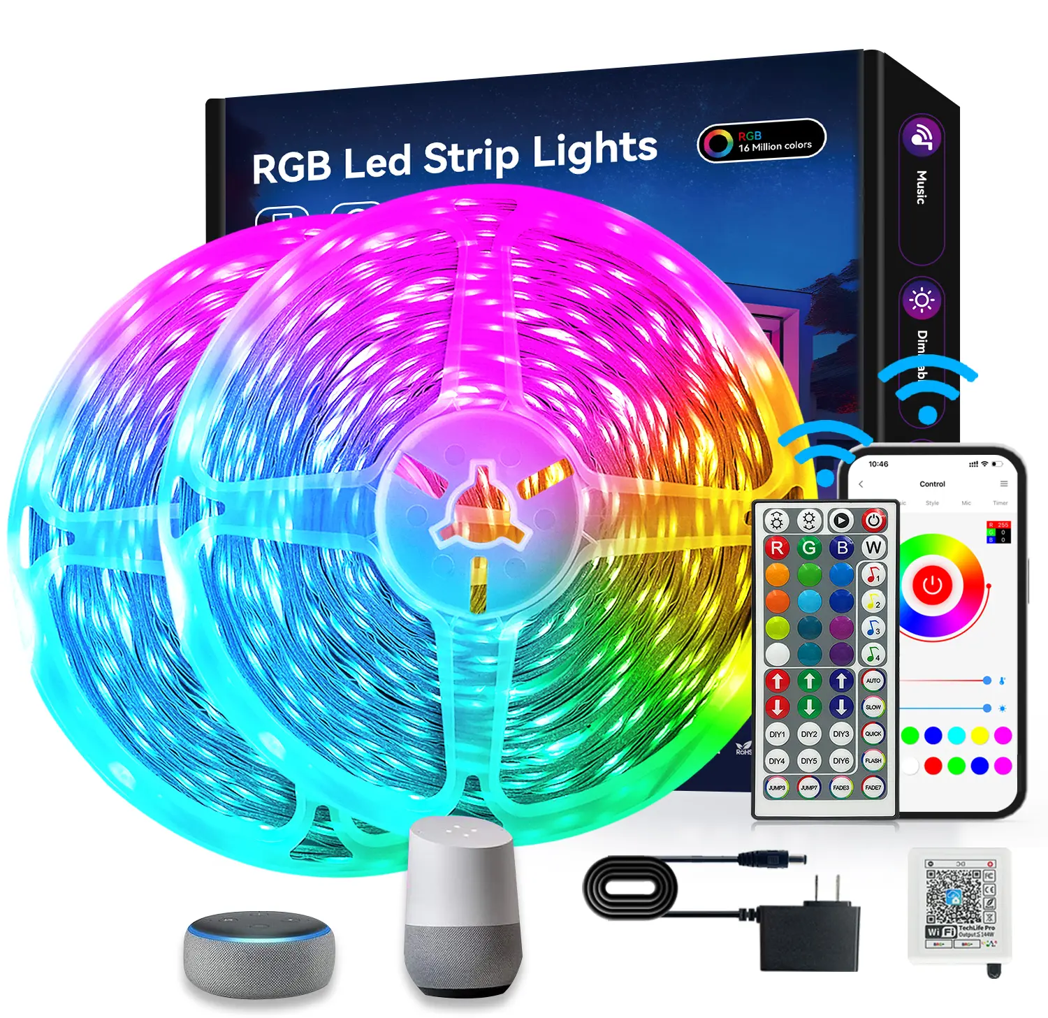 Smart WiFi RGB LED Strip Lights 100FT 50FT 32.8FT, Works with Alexa Google Assistant, Music Sync Color Changing Light Strip for Bedroom Home Kitchen Party Decor