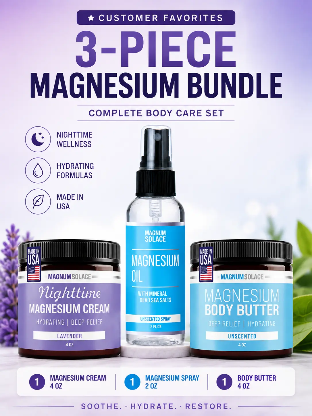 Magnesium Body Care Bundle – Nighttime Magnesium Cream, Body Butter & Magnesium Oil Spray – 3 Piece Set
