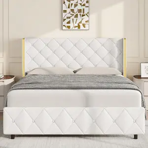 Bed Frame With Wingback Headboard, Upholstered Bed Frame With Diamond Headboard And Footboard, Faux Leather Modern Bed Frame, Easy Assembly, Purple/ Blue/ Pink/ White/ Black/ Green, Twin/ Full/ Queen/ King