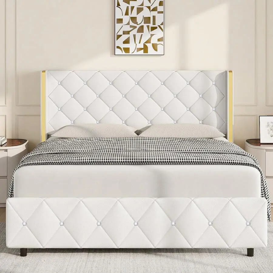 Bed Frame With Wingback Headboard, Upholstered Bed Frame With Diamond Headboard And Footboard, Faux Leather Modern Bed Frame, Easy Assembly, Purple/ Blue/ Pink/ White/ Black/ Green, Twin/ Full/ Queen/ King