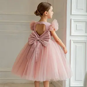 Ready Stock Princess Dress For 4-8Y Girls Flying Sleeve Elegant Gauze Dress Back Bow Design Puffy Dress 24634
