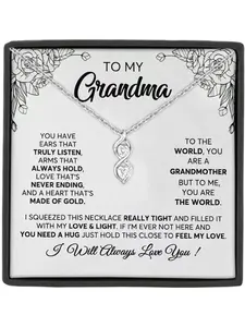 To My Grandma Double Heart Zircon Pendant Love Necklace for Grandmother, Mother's Day Gift, Birthday Present, Christmas Gift, Card and Box Packaging