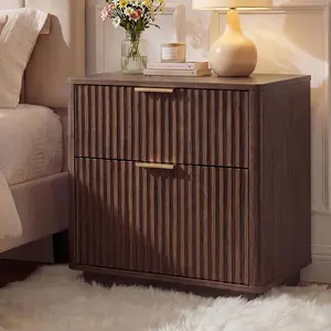 Fluted Nightstand Set of 2 with Charging Station, 23'' Mid Century Nightstand with 2 Drawers, Modern End Table for Bedroom Living Room, Curved Profile