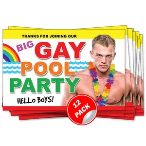 Prank Postcards 12 Pack Embarrassing Gay Pool Party sent to YOU so you can Play Gags on your Friends! High Quality Glossy Color Postcards!